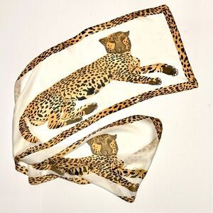 Ciao Bella Silk Rectangle Scarf White with Leopard Animal Print Hand Rolled